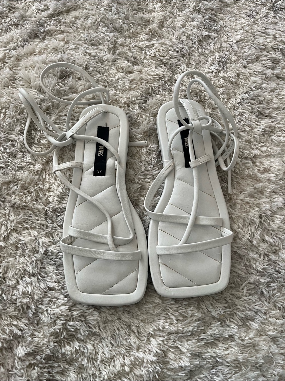 Zara Cream Strappy Square-Toe Lace-Up Sandals